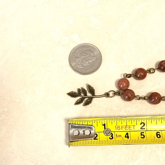 Genuine Red Jasper Short Necklace, Cute Bronze Leaf Branch + Natural Gemstone - Picture 12 of 14
